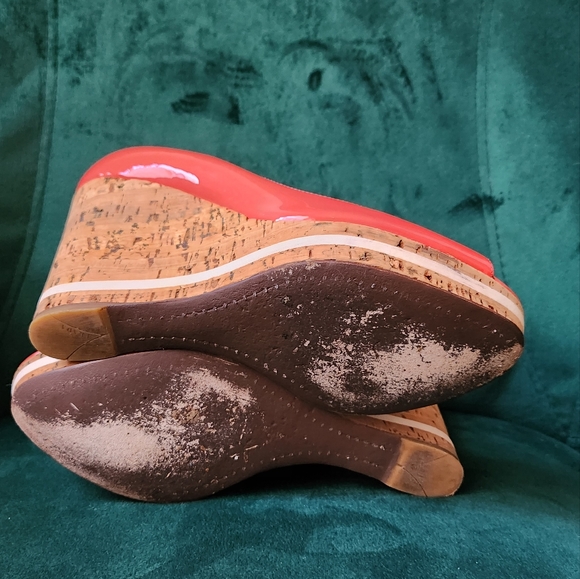 PRADA Pink Patent Leather Peep-Toe Cork Wedges 7 - Picture 7 of 9